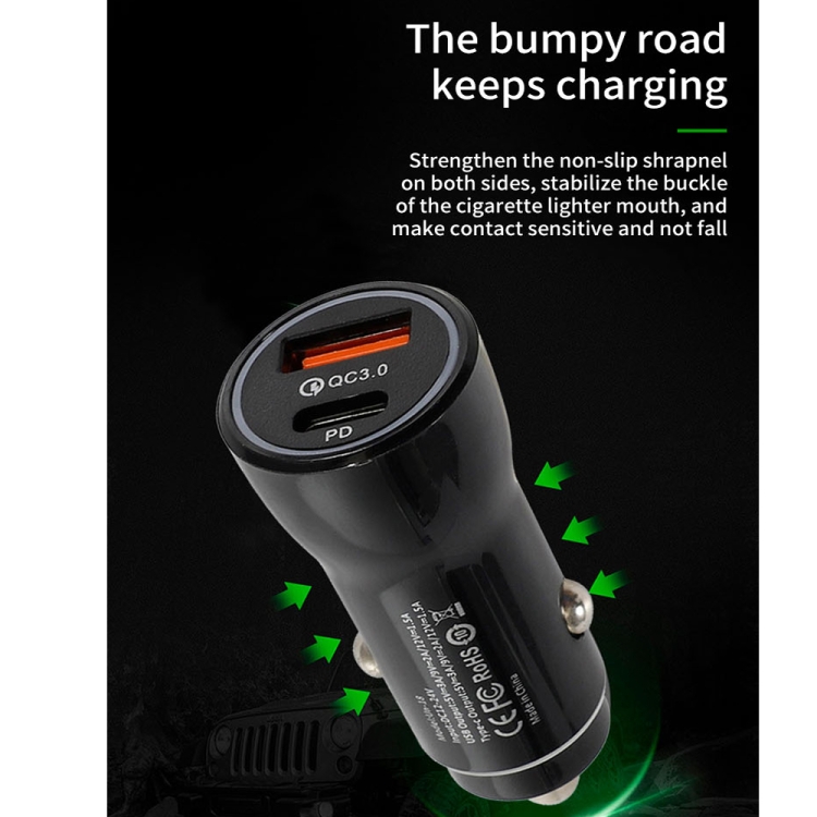 P21 PD 20W USB-C / Type-C + QC3.0 18W USB Fast Car Charger with USB-C / Type-C to 8 Pin Data Cable Set(Black)