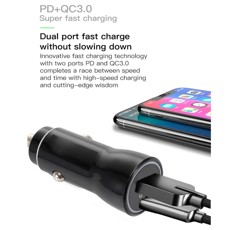 P21 PD 20W USB-C / Type-C + QC3.0 18W USB Fast Car Charger with USB-C / Type-C to 8 Pin Data Cable Set(Black)