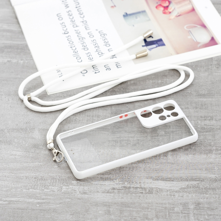 Transparent PC+TPU Phone Case with Contrast Color Button & Neck Lanyard For Samsung Galaxy S21 Ultra 5G(White) Transparent PC+TPU Phone Case with Contrast Color Button & Neck Lanyard For Samsung Galaxy S21 Ultra 5G(White)