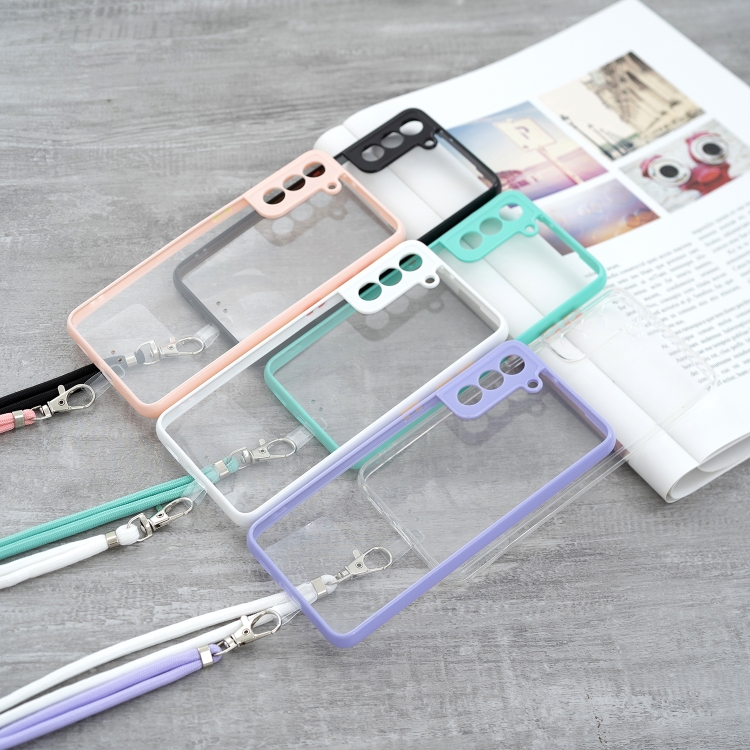Transparent PC+TPU Phone Case with Contrast Color Button & Neck Lanyard For Samsung Galaxy S21 Ultra 5G(White) Transparent PC+TPU Phone Case with Contrast Color Button & Neck Lanyard For Samsung Galaxy S21 Ultra 5G(White)