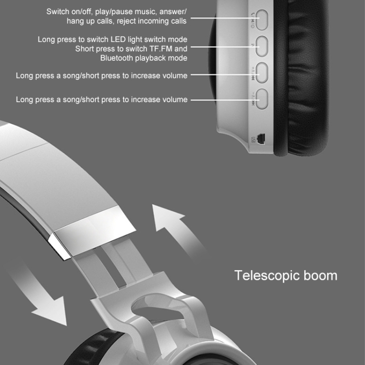 BD01 Colorful LED Bluetooth 5.0 Headphones Foldable Wireless HiFi Stereo Headset with Mic, Support TF Card / 3.5mm AUX(Black) BD01 Colorful LED Bluetooth 5.0 Headphones Foldable Wireless HiFi Stereo Headset with Mic, Support TF Card / 3.5mm AUX(Black)