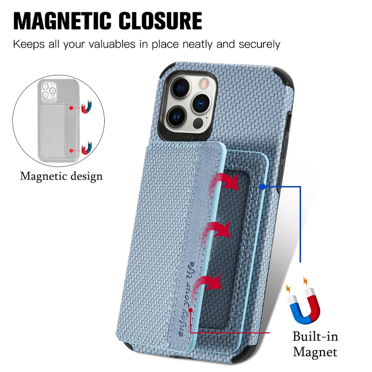 For iPhone 12 mini Carbon Fiber Magnetic Card Bag TPU+PU