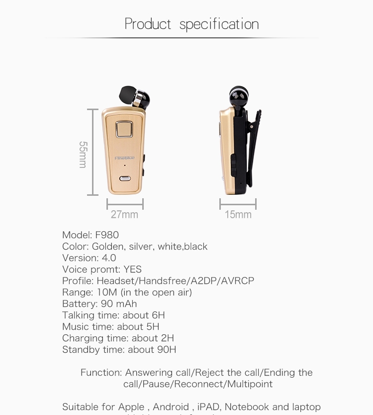 Fineblue F980 CSR4.1 Retractable Cable Caller Vibration Reminder Anti-theft Bluetooth Headset Fineblue F980 CSR4.1 Retractable Cable Caller Vibration Reminder Anti-theft Bluetooth Headset