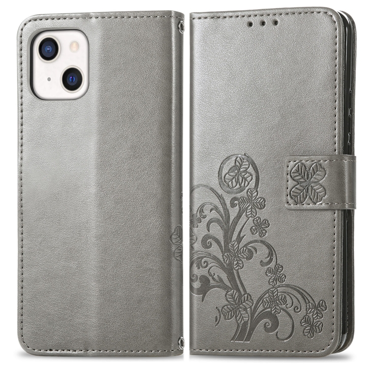 For iPhone 13 mini Four-leaf Clover Clasp Embossed Buckle Mobile Phone Protection Leather Case with Lanyard & Card Slot & Wallet & Bracket Function(Grey) For iPhone 13 mini Four-leaf Clover Clasp Embossed Buckle Mobile Phone Protection Leather Case with Lanyard & Card Slot & Wallet & Bracket Function(Grey)