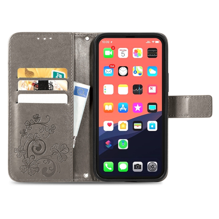 For iPhone 13 mini Four-leaf Clover Clasp Embossed Buckle Mobile Phone Protection Leather Case with Lanyard & Card Slot & Wallet & Bracket Function(Grey) For iPhone 13 mini Four-leaf Clover Clasp Embossed Buckle Mobile Phone Protection Leather Case with Lanyard & Card Slot & Wallet & Bracket Function(Grey)