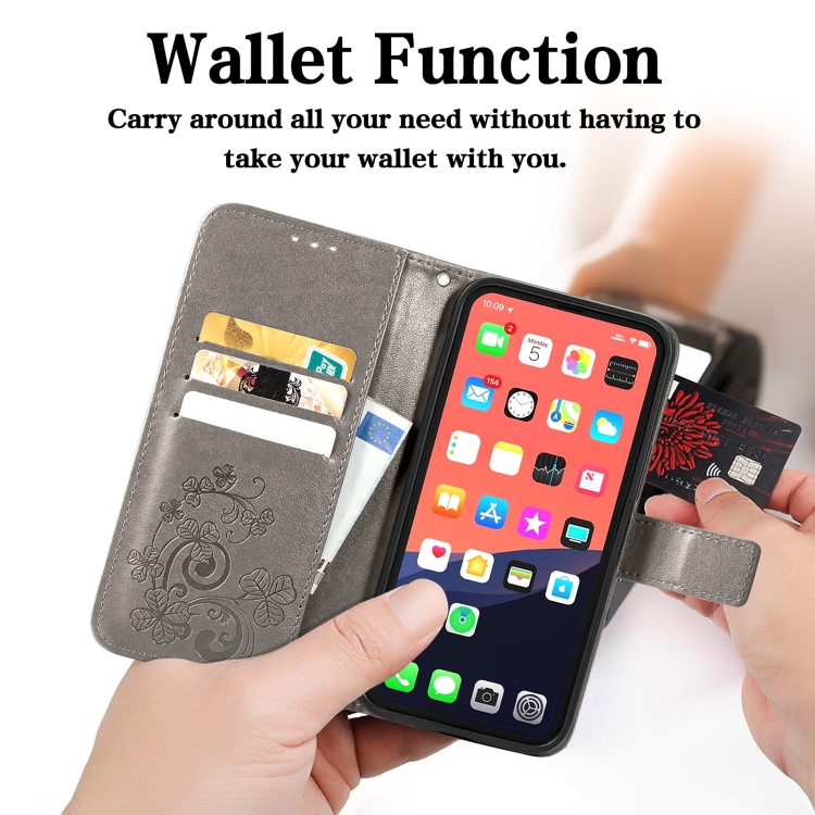 For iPhone 13 mini Four-leaf Clover Clasp Embossed Buckle Mobile Phone Protection Leather Case with Lanyard & Card Slot & Wallet & Bracket Function(Grey) For iPhone 13 mini Four-leaf Clover Clasp Embossed Buckle Mobile Phone Protection Leather Case with Lanyard & Card Slot & Wallet & Bracket Function(Grey)