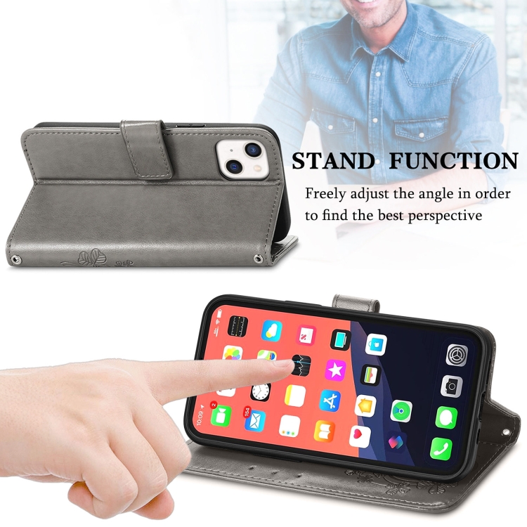 For iPhone 13 mini Four-leaf Clover Clasp Embossed Buckle Mobile Phone Protection Leather Case with Lanyard & Card Slot & Wallet & Bracket Function(Grey) For iPhone 13 mini Four-leaf Clover Clasp Embossed Buckle Mobile Phone Protection Leather Case with Lanyard & Card Slot & Wallet & Bracket Function(Grey)
