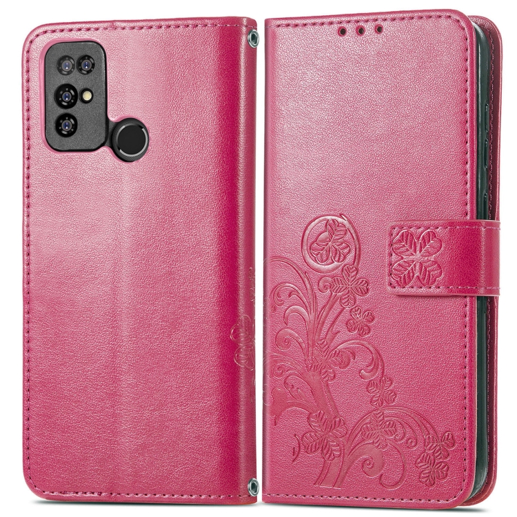 For  Doogee X96 Pro Four-leaf Clasp Embossed Buckle Mobile Phone Protection Leather Case with Lanyard & Card Slot & Wallet & Bracket Function(Magenta) - 1