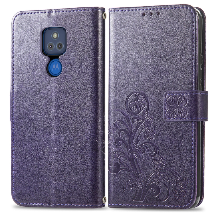 For Motorola G Play Four-leaf Clasp Embossed Buckle Mobile Phone Protection Leather Case with Lanyard & Card Slot & Wallet & Bracket Function(Purple) - 1