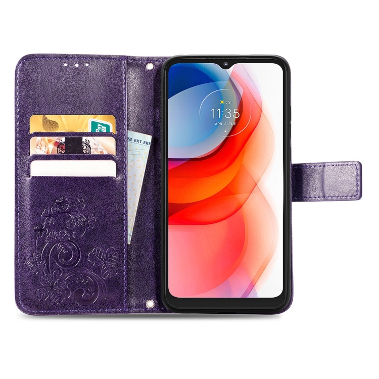 For Motorola G Play Four-leaf Clasp Embossed Buckle Mobile Phone Protection Leather Case with Lanyard & Card Slot & Wallet & Bracket Function(Purple) - 2