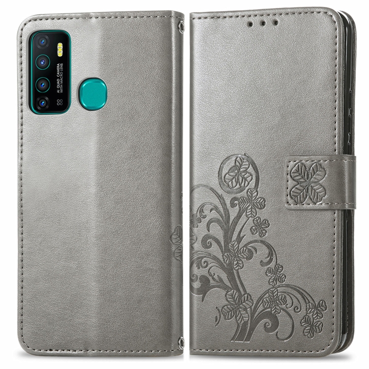 For Infinix Hot 9 Four-leaf Clasp Embossed Buckle Mobile Phone Protection Leather Case with Lanyard & Card Slot & Wallet & Bracket Function(Gray) - 1