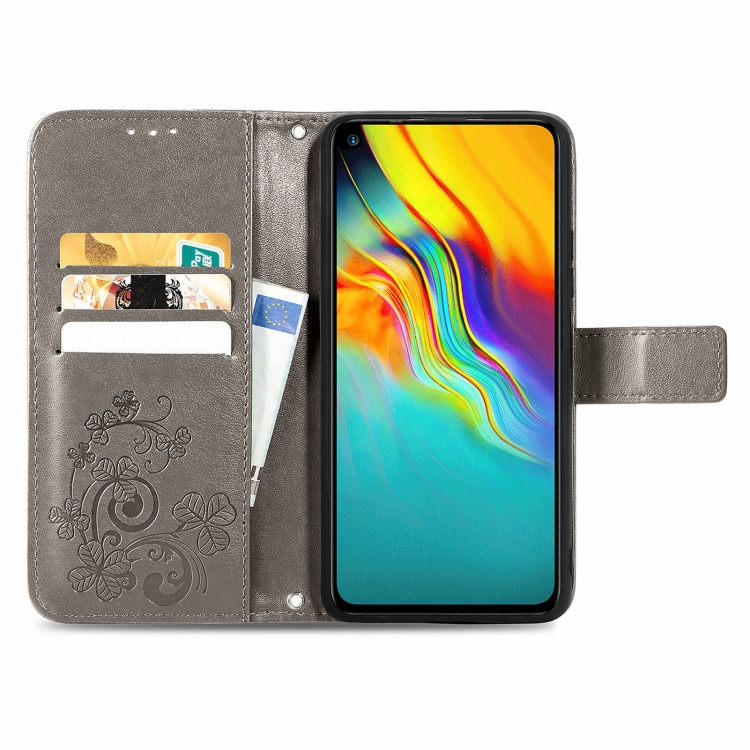 For Infinix Hot 9 Four-leaf Clasp Embossed Buckle Mobile Phone Protection Leather Case with Lanyard & Card Slot & Wallet & Bracket Function(Gray) - 2
