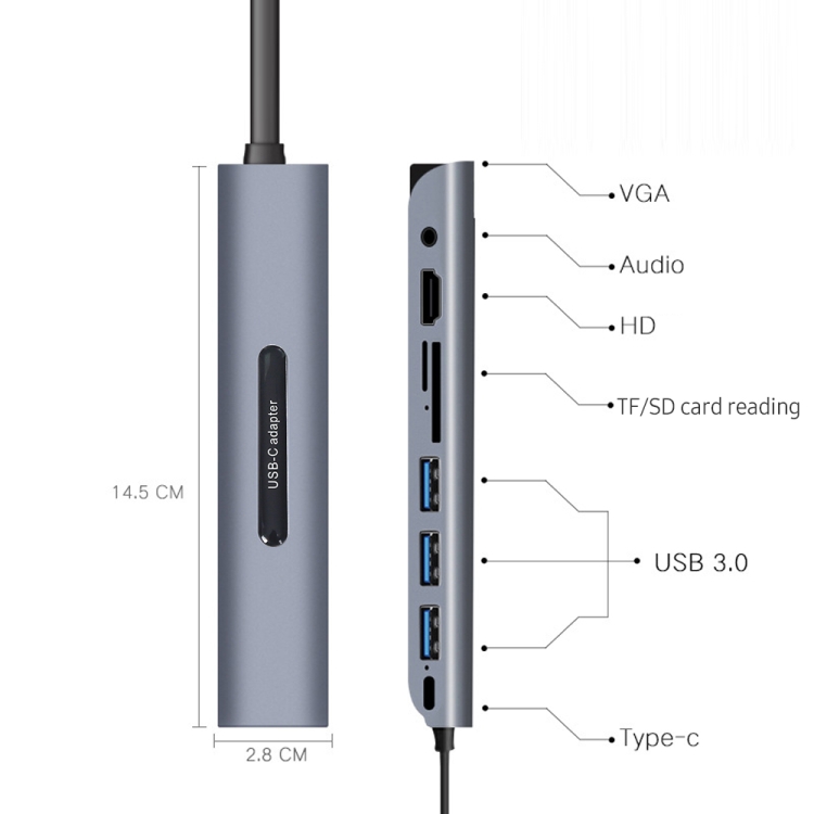 V161B 9-IN-1 Tipo-C a HD / VGA / USB3.0 / SD / 3,5 mm Audio / TF Lector de la tarjeta Hub - 3