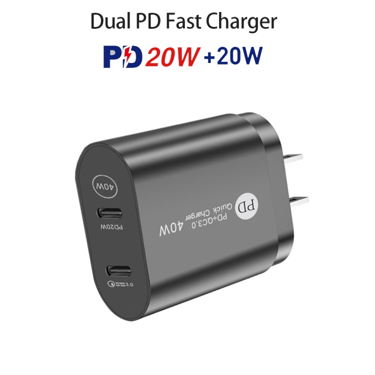 002 40W Dual Port PD USB-C / Type-C Fast Charger for iPhone / iPad Series, US Plug(Black)
