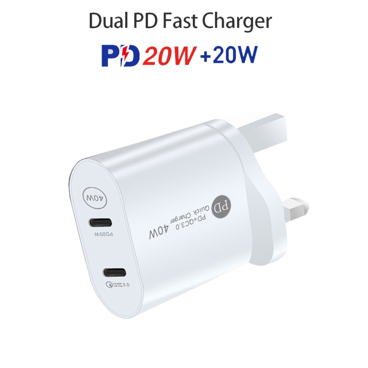 002 40W Dual Port PD USB-C / Type-C Fast Charger for iPhone / iPad Series, UK Plug(White)
