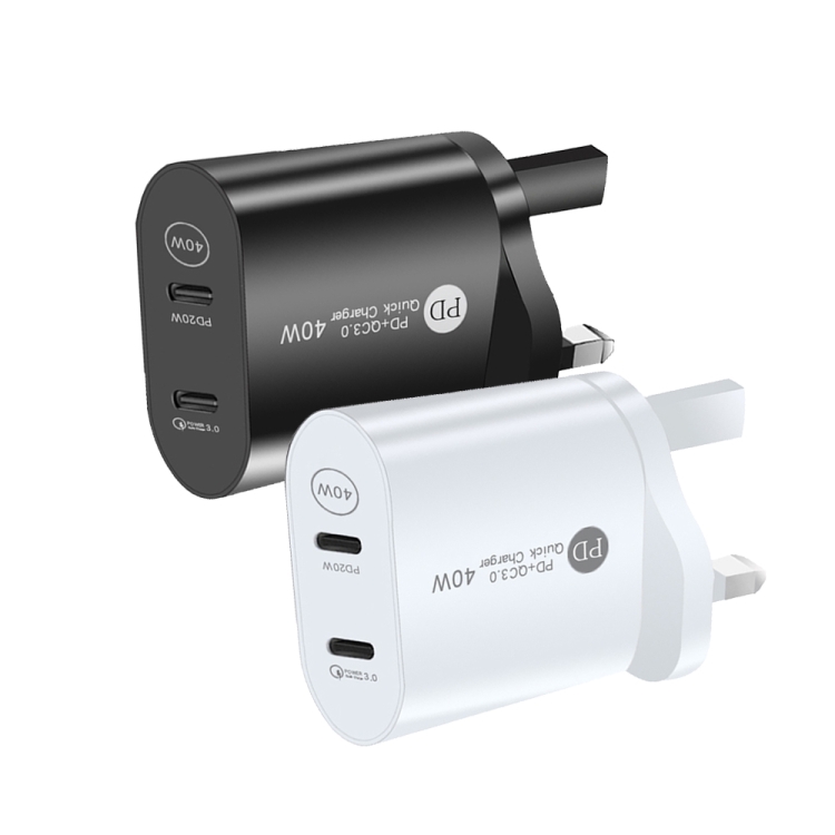 002 40W Dual Port PD USB-C / Type-C Fast Charger for iPhone / iPad Series, UK Plug(White)