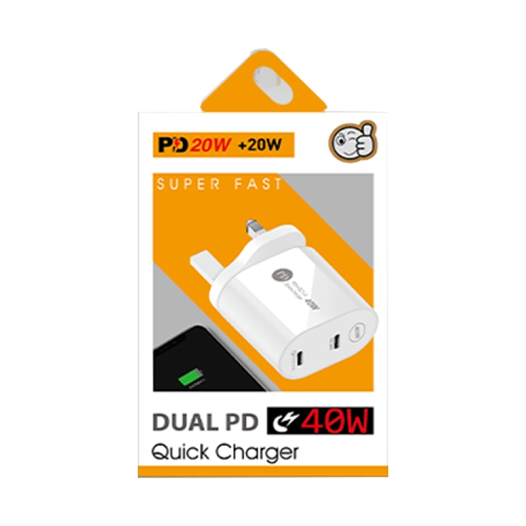002 40W Dual Port PD USB-C / Type-C Fast Charger for iPhone / iPad Series, UK Plug(White)