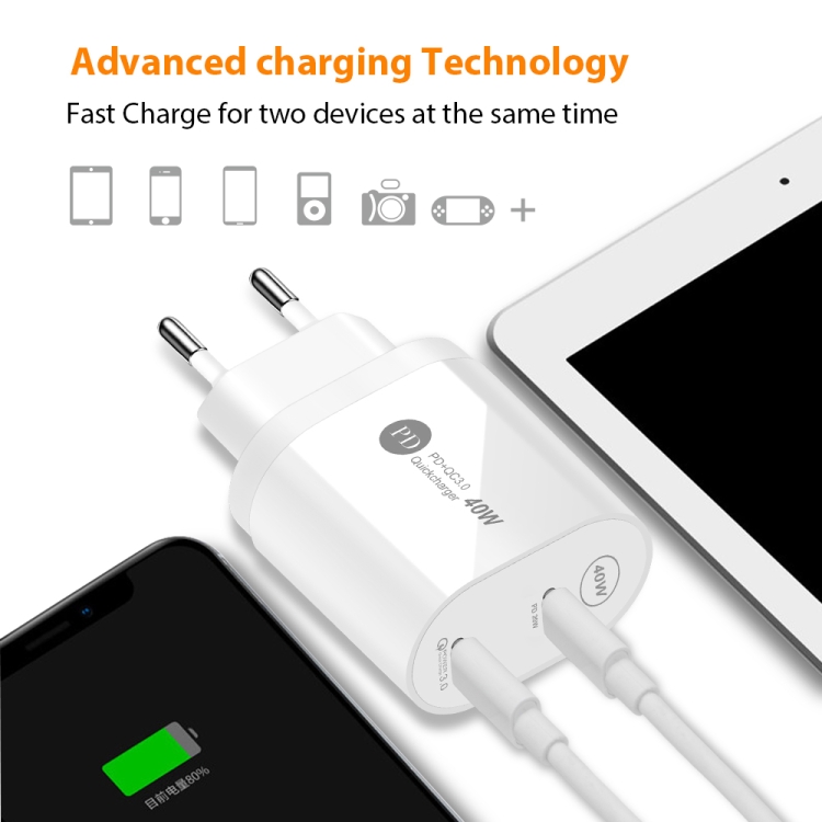 002 40W Dual Port PD USB-C / Type-C Fast Charger for iPhone / iPad Series, UK Plug(White)