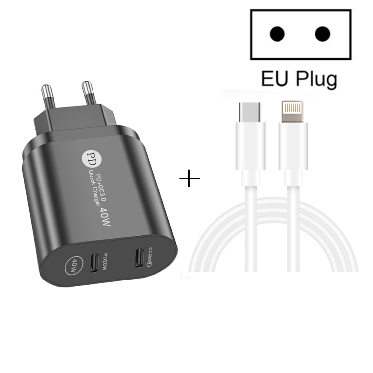 002 40W Dual Port PD / Type-C Fast Charger with USB-C to 8 Pin Data Cable, EU Plug(White) 002 40W Dual Port PD / Type-C Fast Charger with USB-C to 8 Pin Data Cable, EU Plug(White)