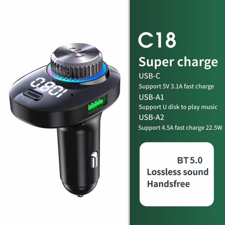 C18 AUDIO AUDIO RECEPTOR 3.1A CARGO RÁPIDO DISPOSITIVO USB BT 5.0 Color LED Transmisor FM - 3