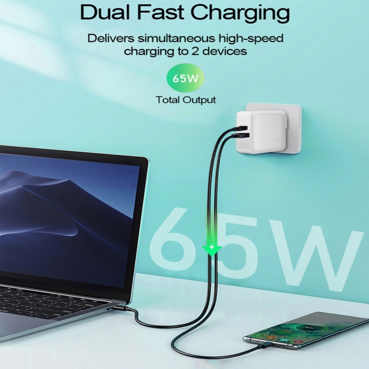 A6 65W QC 3.0 USB + PD USB-C / Type-C Dual Fast Charging Laptop Adapter + 1m USB-C / Type-C to USB-C / Type-C Data Cable Set for MacBook Series, US Plug + UK Plug