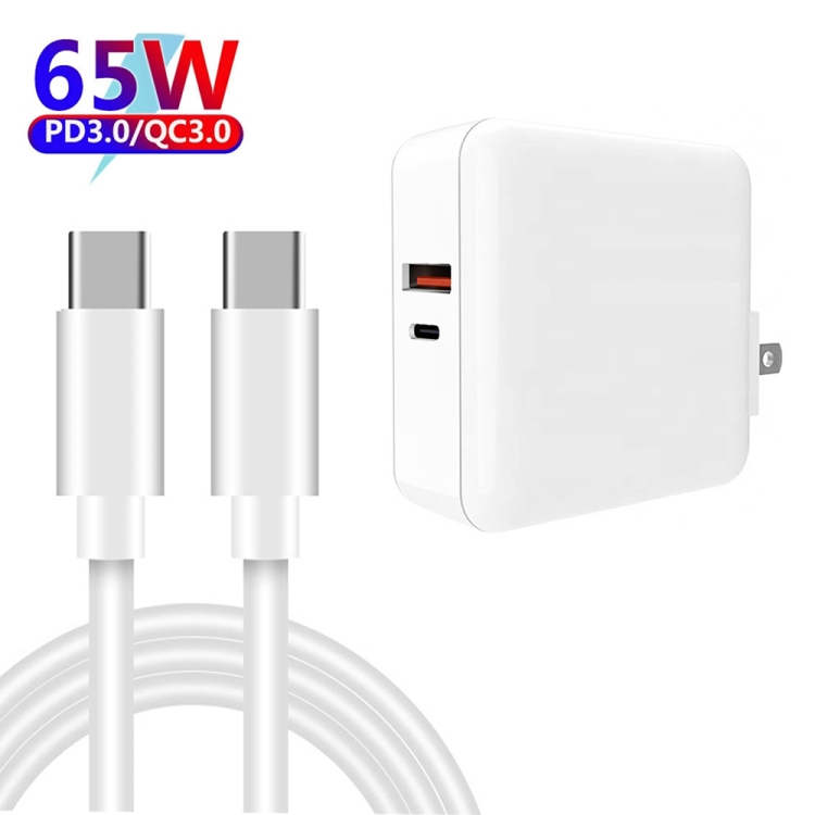 A6 65W QC 3.0 USB + PD USB-C / Type-C Dual Fast Charging Laptop Adapter + 1m USB-C / Type-C to USB-C / Type-C Data Cable Set for MacBook Series, US Plug + EU Plug + UK Plug