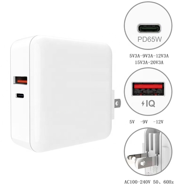 A6 65W QC 3.0 USB + PD USB-C / Type-C Dual Fast Charging Laptop Adapter + 2m USB-C / Type-C to USB-C / Type-C Data Cable Set for MacBook Series, US Plug