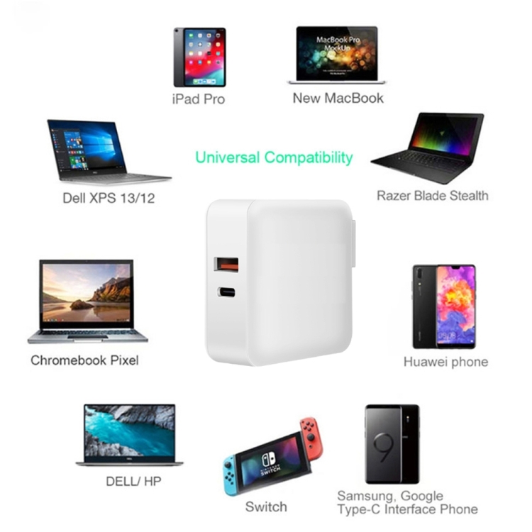 A6 PD 65W USB-C / Type-C + QC3.0 USB Laptop Adapter + 1.8m USB-C / Type-C to MagSafe 2 / T Data Cable Set for MacBook Series, US Plug + EU Plug + AU + UK Plug A6 PD 65W USB-C / Type-C + QC3.0 USB Laptop Adapter + 1.8m USB-C / Type-C to MagSafe 2 / T Data Cable Set for MacBook Series, US Plug + EU Plug + AU + UK Plug