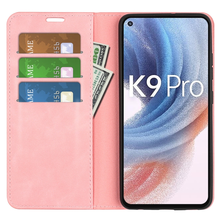 For OPPO K9 Pro Retro-skin Business Magnetic Suction Leather Case with Holder & Card Slots & Wallet(Pink) - 3