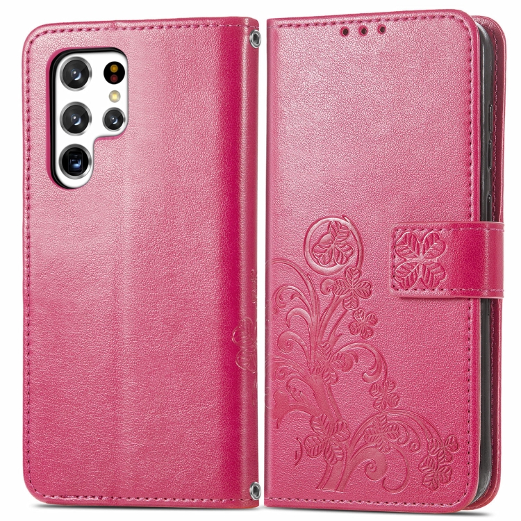 For Samsung Galaxy S22 Ultra 5G Four-leaf Clasp Embossed Leather Phone Case with Lanyard & Card Slot & Wallet & Bracket Function(Magenta) - 1