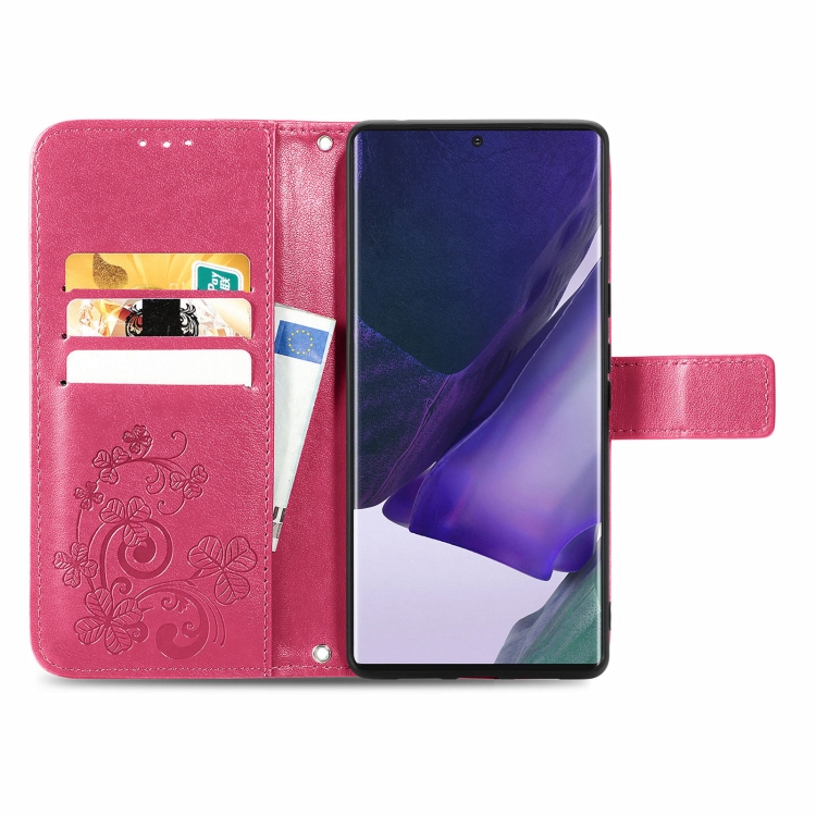 For Samsung Galaxy S22 Ultra 5G Four-leaf Clasp Embossed Leather Phone Case with Lanyard & Card Slot & Wallet & Bracket Function(Magenta) - 2