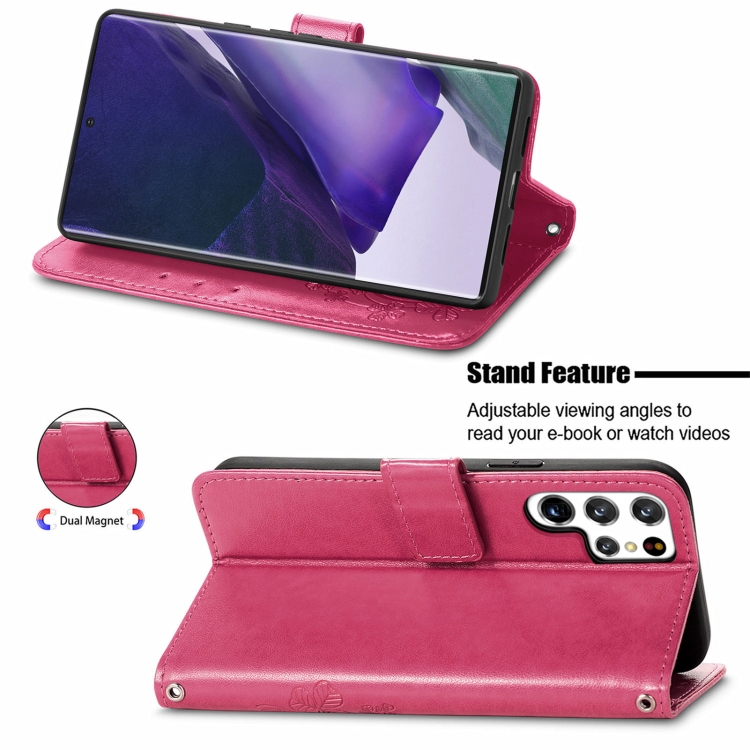 For Samsung Galaxy S22 Ultra 5G Four-leaf Clasp Embossed Leather Phone Case with Lanyard & Card Slot & Wallet & Bracket Function(Magenta) - 3