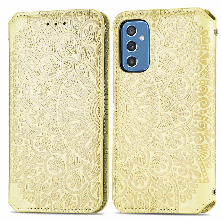 For Samsung Galaxy M52 5G Blooming Mandala Embossed Magnetic Horizontal Flip Leather Case with Holder & Card Slots & Wallet(Yellow) - 1