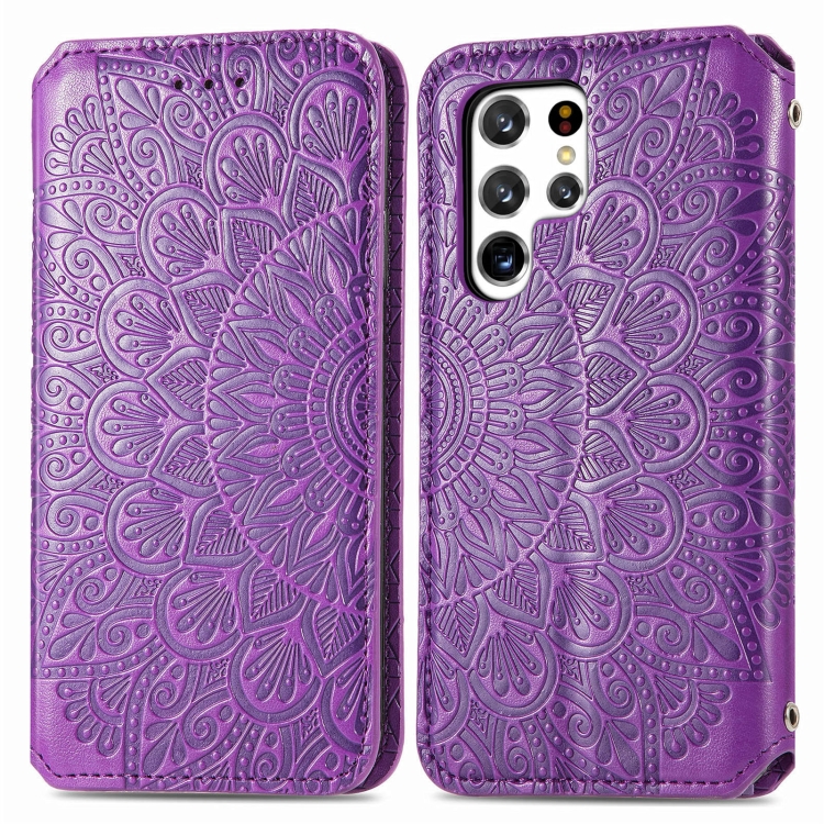 For Samsung Galaxy S22 Ultra 5G Blooming Mandala Embossed Magnetic Horizontal Flip Leather Case with Holder & Card Slots & Wallet(Purple) - 1