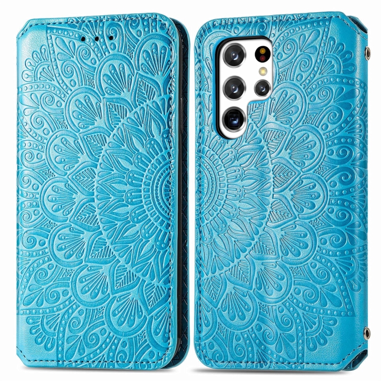 For Samsung Galaxy S22 Ultra 5G Blooming Mandala Embossed Magnetic Horizontal Flip Leather Case with Holder & Card Slots & Wallet(Blue) - 1
