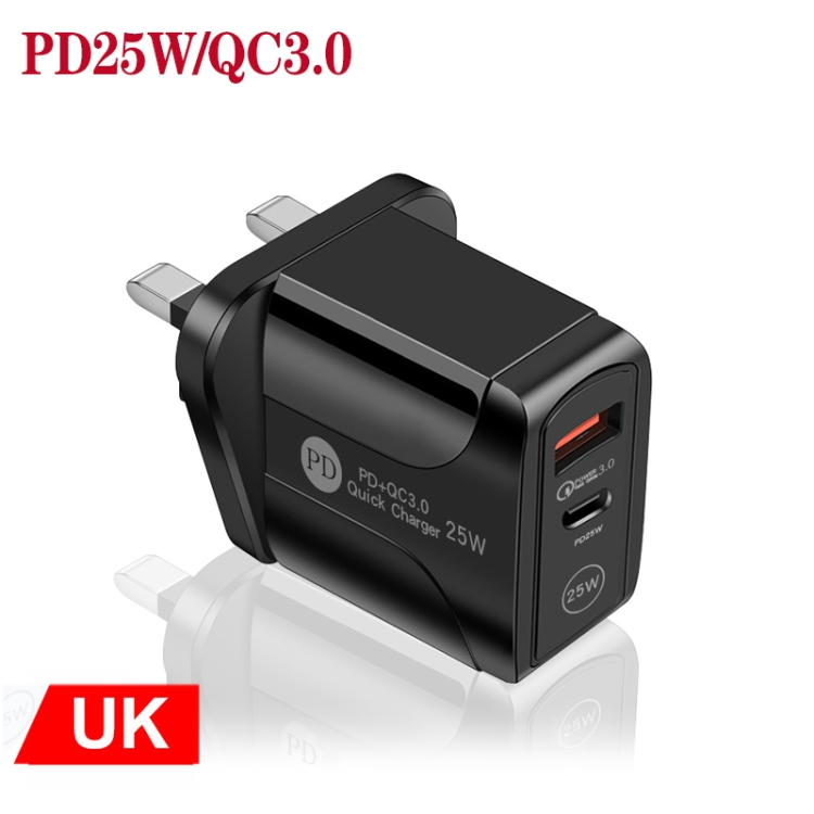 PD25W USB-C / Type-C + QC3.0 USB Dual Ports Fast Charger, UK Plug(Black) - 1