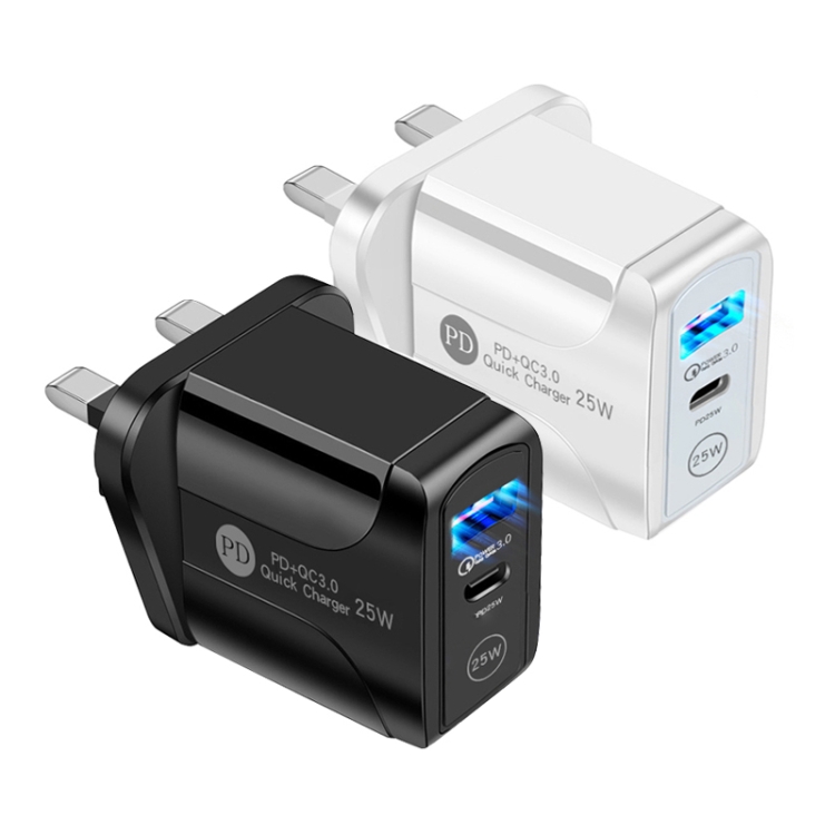 PD25W USB-C / Type-C + QC3.0 USB Dual Ports Fast Charger, UK Plug(Black) - B1