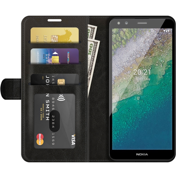 For Nokia C01 Plus R64 Texture Single Horizontal Flip Phone Protective Case with Holder & Card Slots & Wallet& Photo Frame(Black) - 1