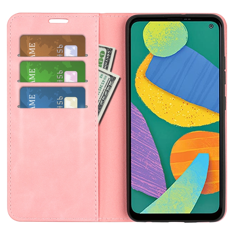 For Samsung Galaxy F52 5G Retro-skin Magnetic Suction Leather Case with Holder & Card Slots & Wallet(Pink) - 3