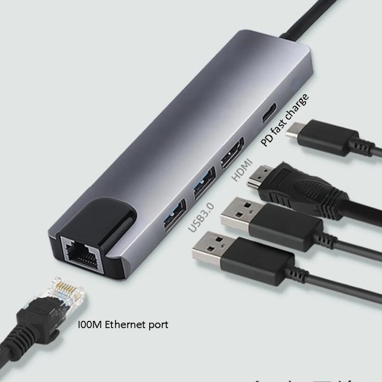 5 en 1 USB Tipo-C a RJ45 + USB3.0 x 2 + PD + HDMI HUB Adapter - 3