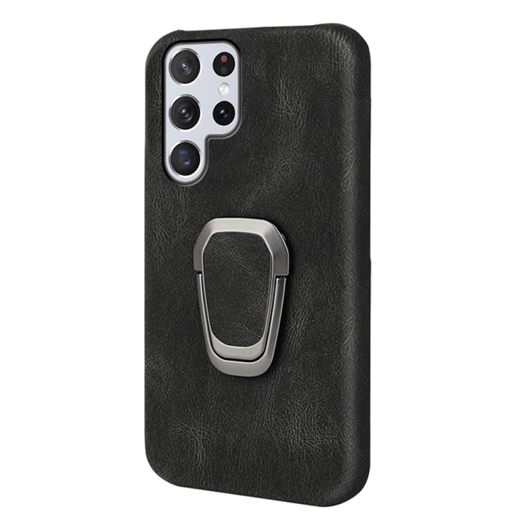 Ring Holder PU Phone Case For Samsung Galaxy S22 Ultra 5G(Black)