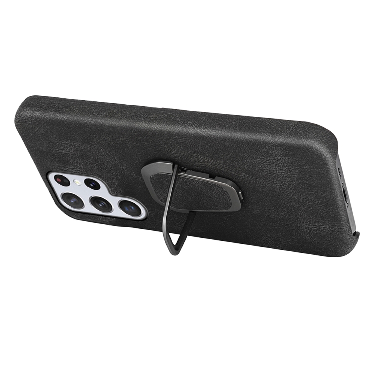 Ring Holder PU Phone Case For Samsung Galaxy S22 Ultra 5G(Black)