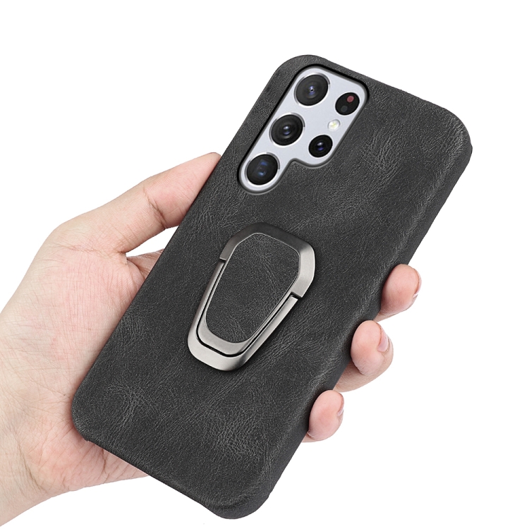 Ring Holder PU Phone Case For Samsung Galaxy S22 Ultra 5G(Black)