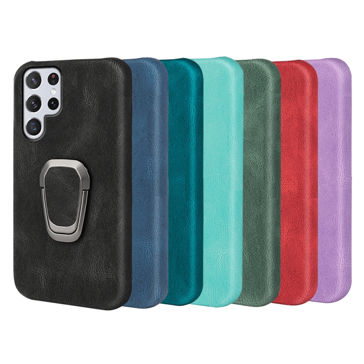 Ring Holder PU Phone Case For Samsung Galaxy S22 Ultra 5G(Black)