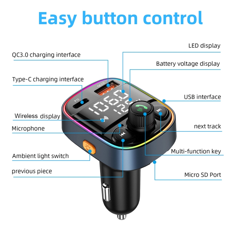 C22 Bluetooth FM Transmitter Hands-free Call Voltage Detection Car MP3  Music Player PD Type-C + Dual USB Car Charger