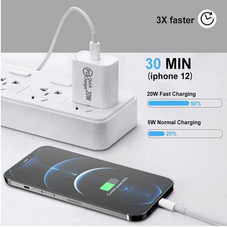 2m AU-20W PD USB-C / Type-C Travel Charger with USB-C to 8 Pin Data Cable, AU Plug