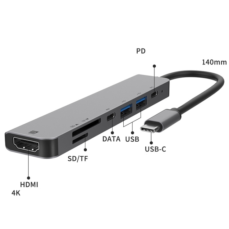 UC902 7-IN-1 multifunción HDMI + SD / TF + USB X 2 + Tipo-C + PD a Hub de aleación de aluminio USB-C / TYPE-C - 3