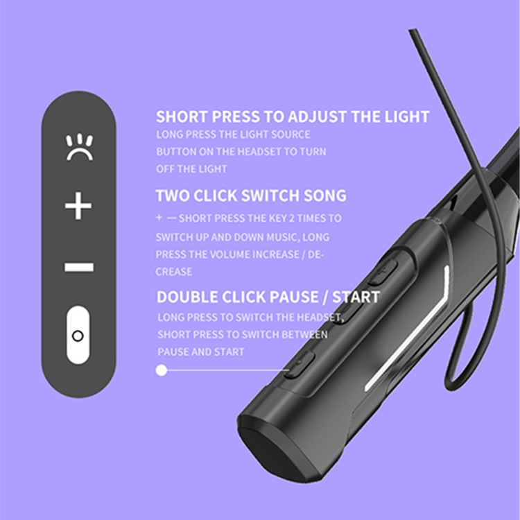 JG4 Flashing LED Neck-mounted Stereo Bluetooth Wireless Earphone(Black) - B4