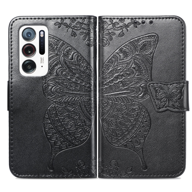 For OPPO Find N Butterfly Love Flower Embossed  Leather Case(Black) - 1
