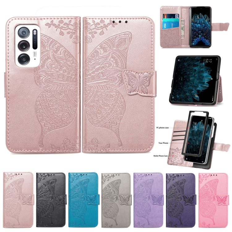 For OPPO Find N Butterfly Love Flower Embossed  Leather Case(Black) - B1